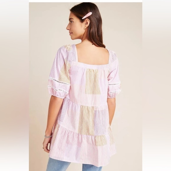 Anthropologie Maeve White Pink Orange Stripe Gable Tiered Tunic Top Small - Picture 3 of 16